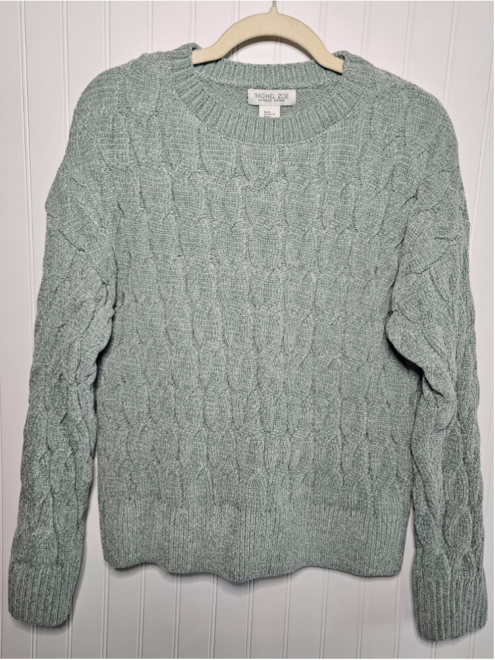 Rachel Zoe Sage Green Chenille Cable Knit Sweater XL Heavyweight Plush Chunky